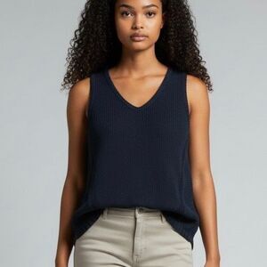 Quinn S Navy Blue High-low Knit Sleeveless Top Luxury Preppy Boho Retro Chic